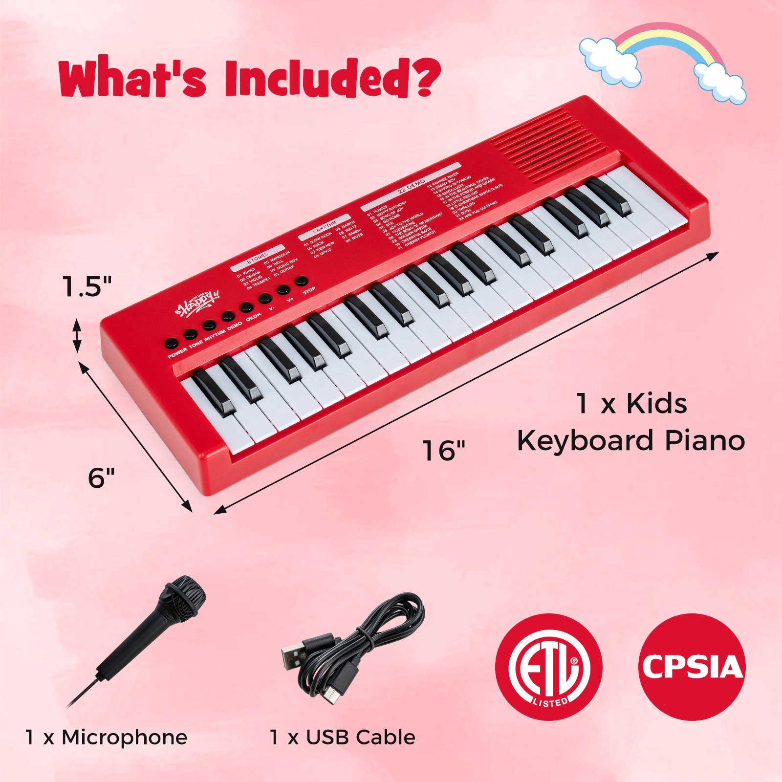 SUGIFT Kids Red 37-Key Electric Keyboard Piano with Microphone and USB Cable 16-in W 6-in D 1.5-in H Ages 3+
