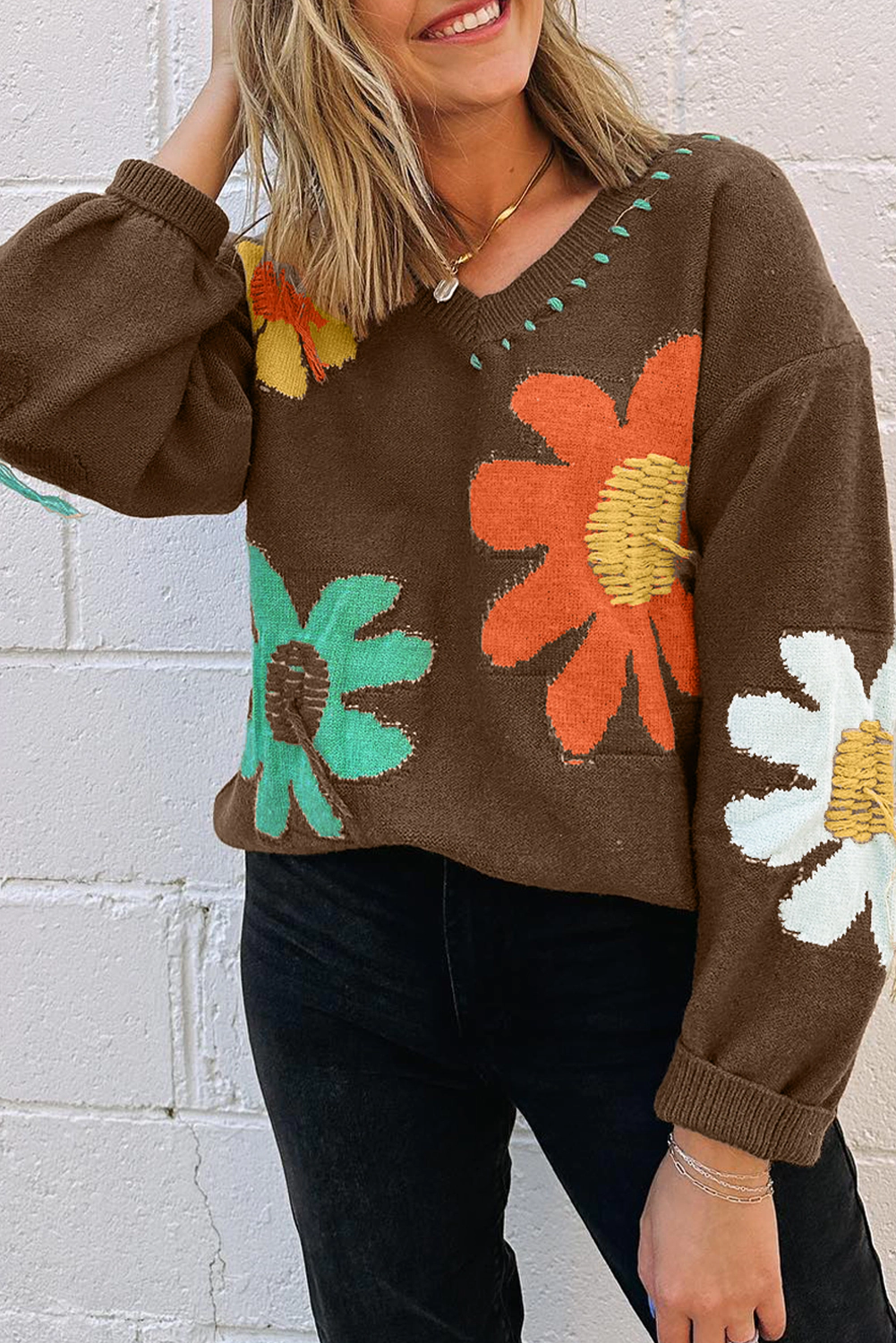 Sol Living Womens Big Flower Pattern V Neck Drop Shoulder Sweater