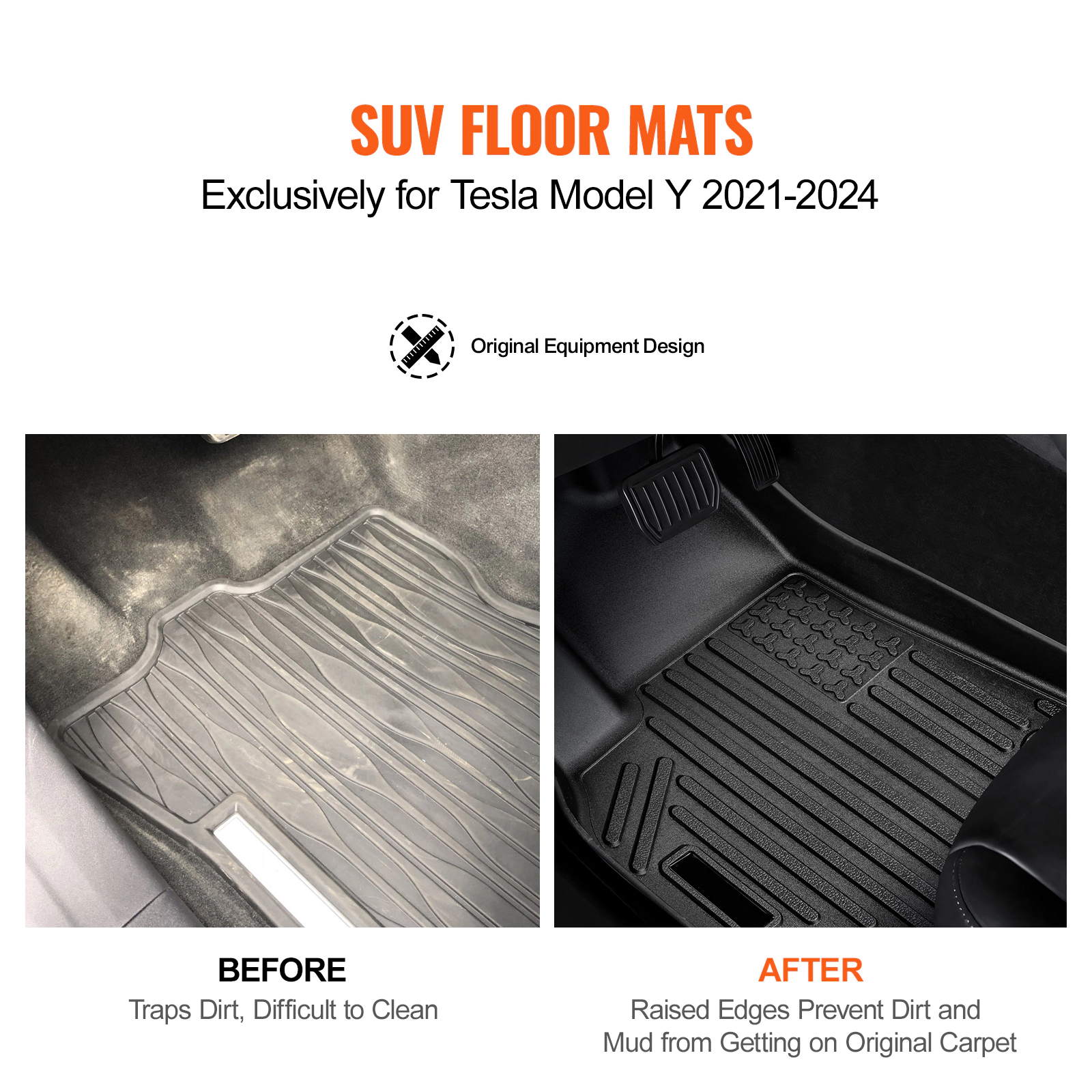 HONGGE All-Weather TPE Car Floor Mats for Tesla Model Y 2021-2024, 3-Piece Front & Rear Liner Set