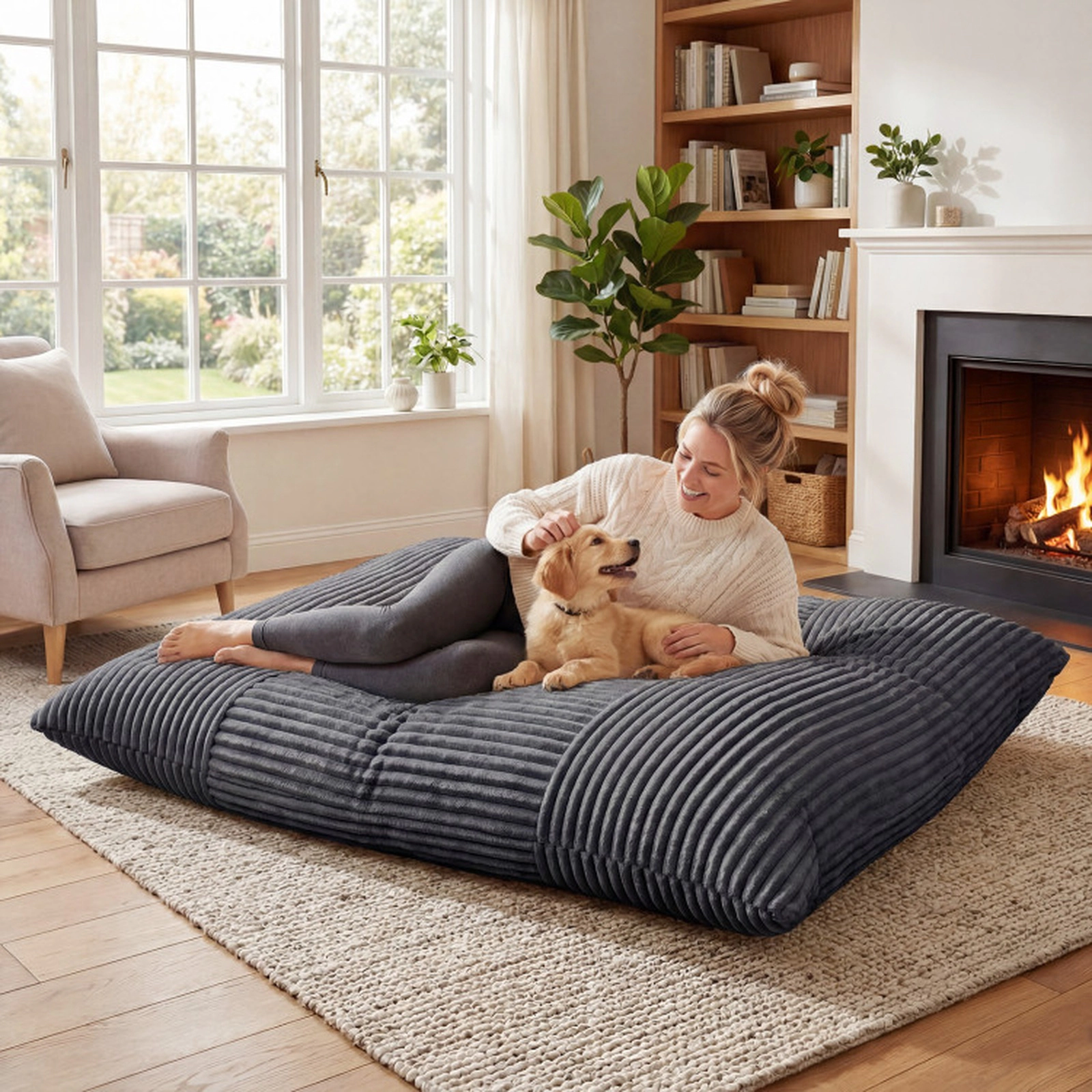 SUGIFT Convertible Dark Gray Corduroy Bean Bag Sofa Bed, 76.5 in