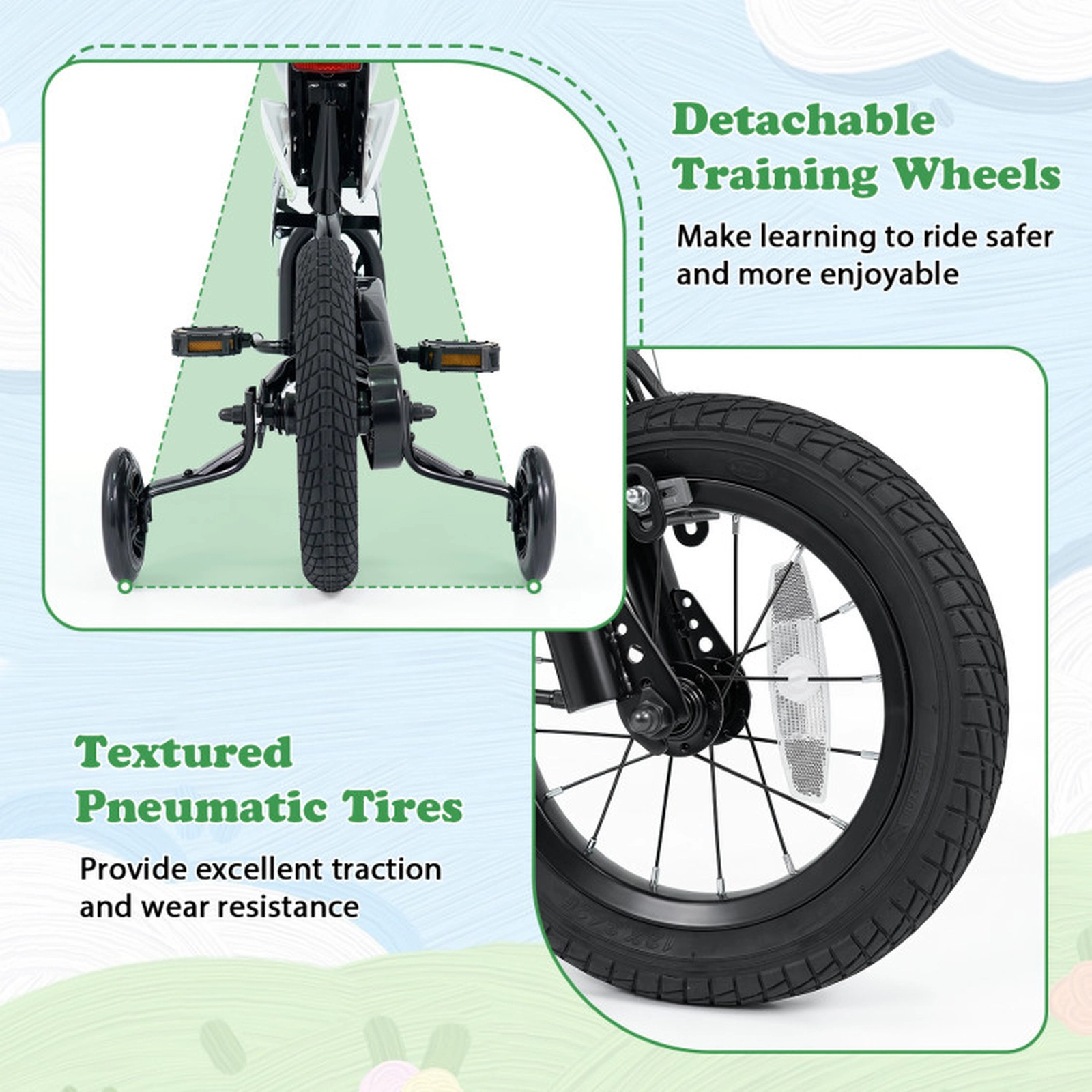 SUGIFT Motorcycle-Inspired 12-Inch Kids Bicycle with Training Wheels 143-lb Capacity Ages 3-4 Years 36-in Frame Black