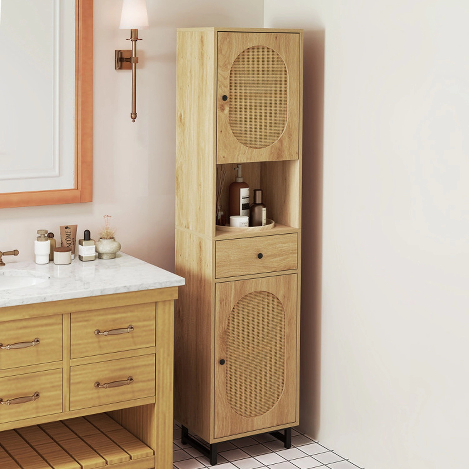 SUGIFT 67-in Tall PE Rattan Bathroom Floor Cabinet with Drawer 33-lb Shelf Capacity 22-lb Drawer Capacity Natural