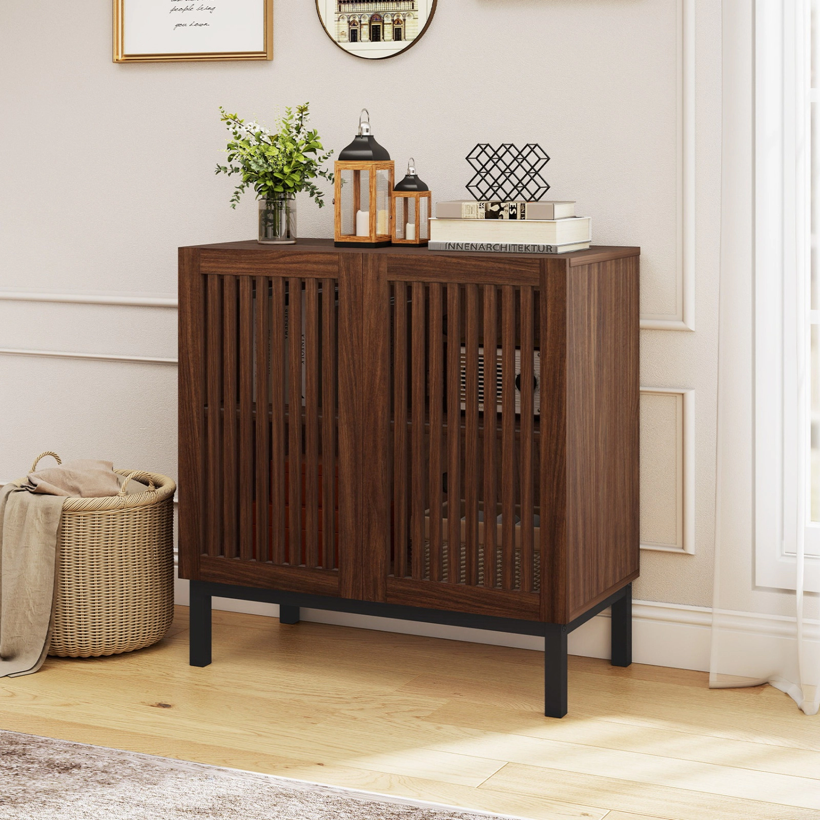 SUGIFT 2-Door Slatted Grille Adjustable Shelf Buffet Sideboard 32-in x 16-in x 32-in 155-lb Capacity Walnut