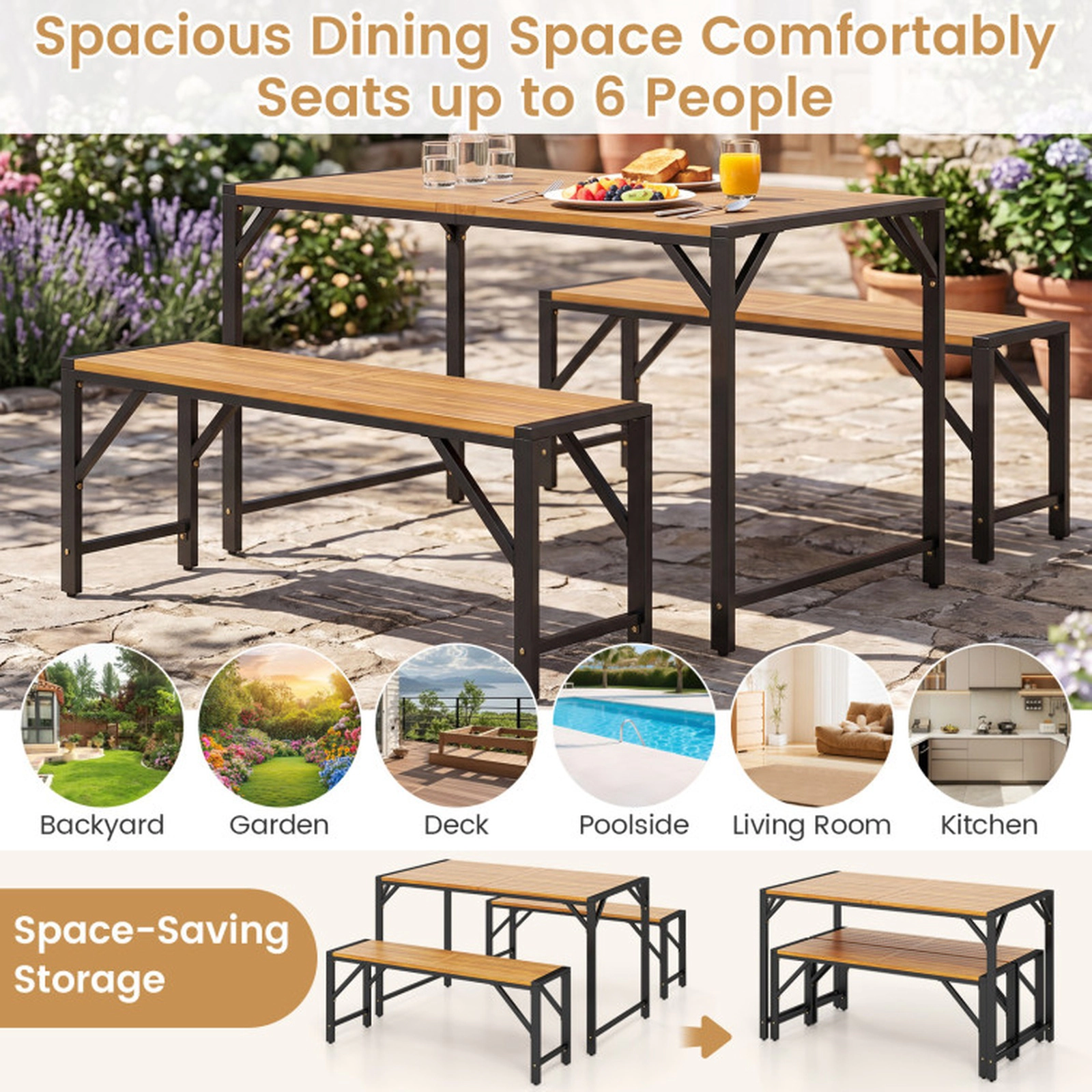SUGIFT Set of 2 Acacia Wood Outdoor Benches 47.5-in Slatted Seat 800-lb Capacity Natural & Black