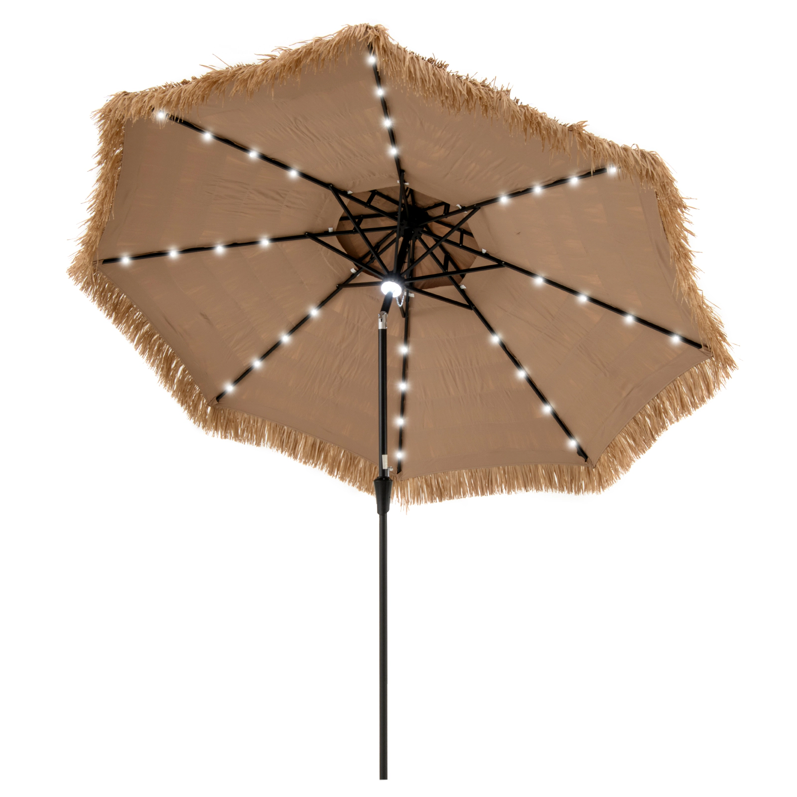 SUGIFT 10-ft Natural Thatched Tiki Patio Umbrella with Solar LED Lights 11-Tier Hawaiian Canopy and Crank
