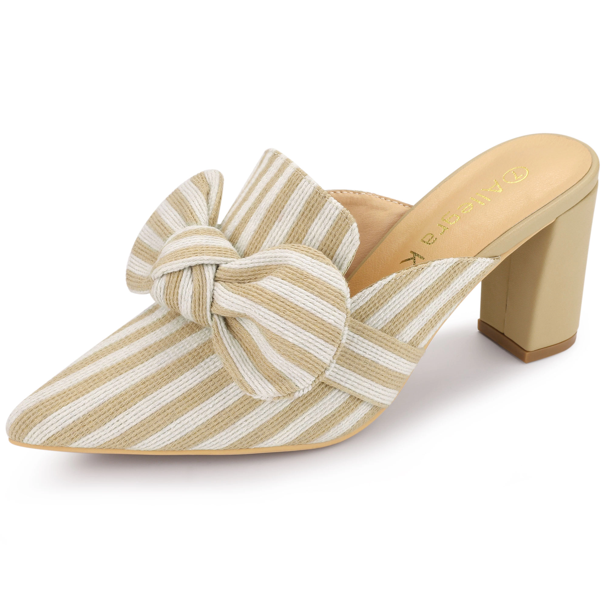 BLISSFUL STEP Women's Stripe Bow Pointed Toe Chunky Heel Slip On Mules
