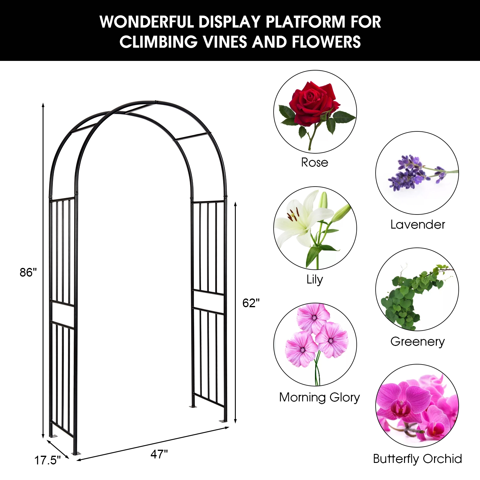 SUGIFT 7.2-Foot Garden Decoration Steel Climbing Plants Arch 86-in Tall Garden Trellis 1-Piece Black