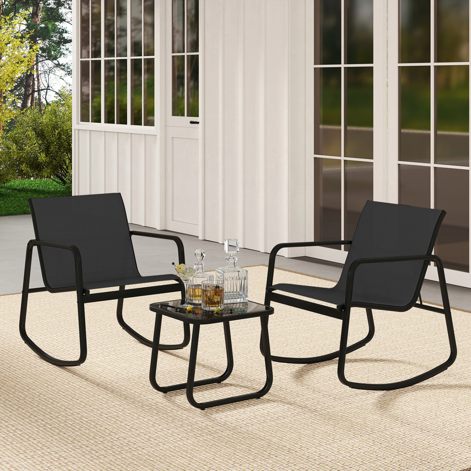 Hivvago 2 Rocking Bistro Chairs And Glass-Top Table For Porch Yard Balcony