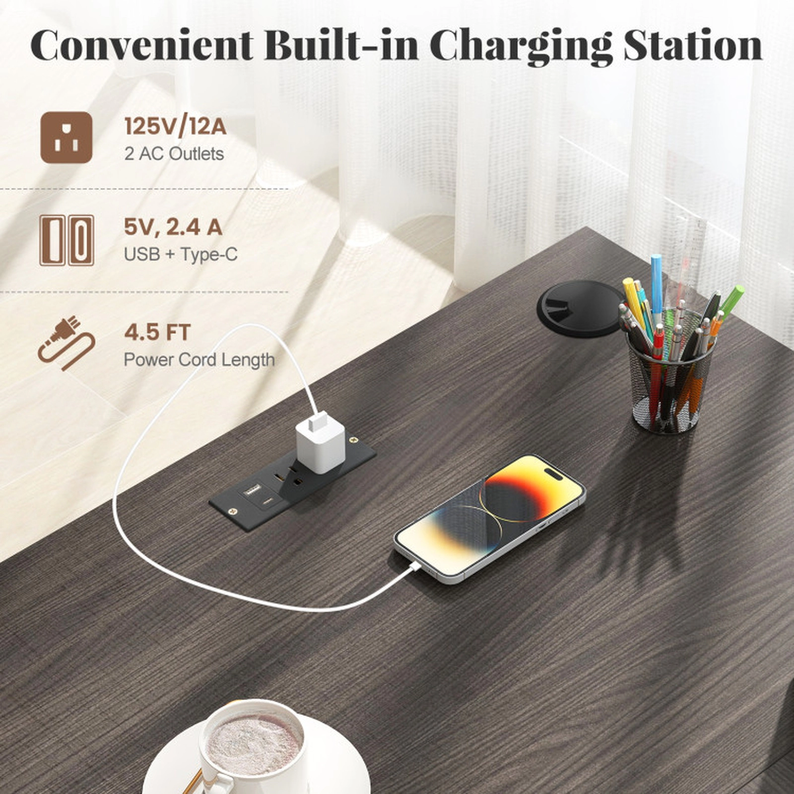 SUGIFT Keyboard Tray Drawers Power Outlets L-Shaped Computer Desk 66-in x 66-in x 30-in 165-lb Capacity Dark Gray