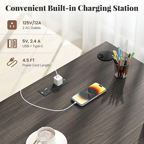 SUGIFT Keyboard Tray Drawers Power Outlets L-Shaped Computer Desk 66-in x 66-in x 30-in 165-lb Capacity Dark Gray