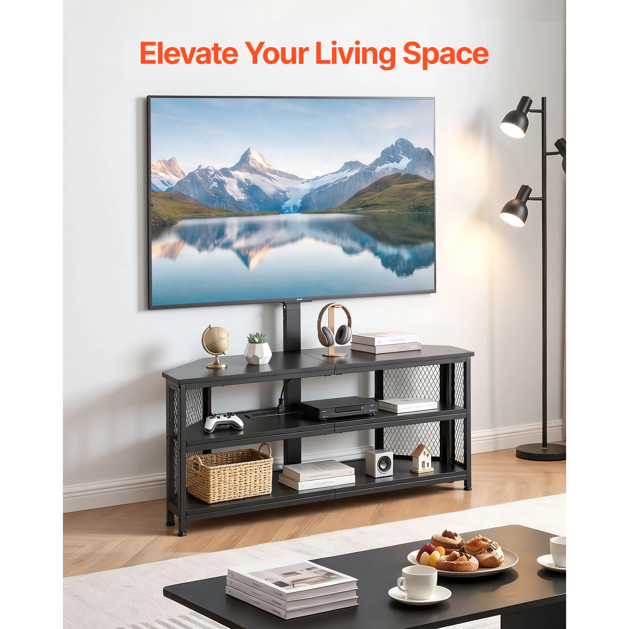 HONGGE TV Stand Console with Power Outlet for 32-75 Inch TVs, Height Adjustable Entertainment Center with Storage