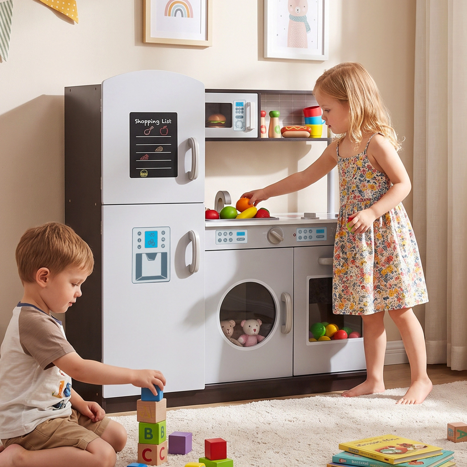 LJG Kids Pretend Play Kitchen Cooking Set with Simulated Sound