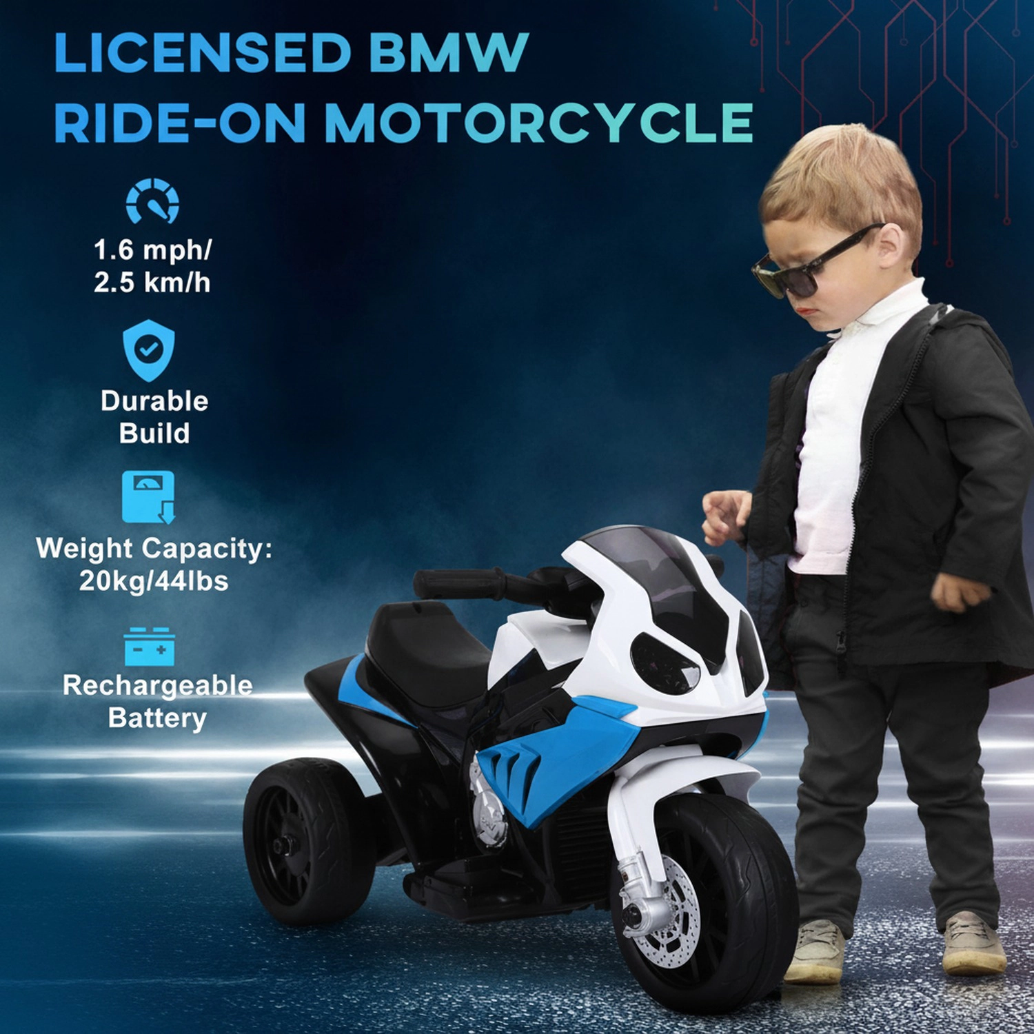 HONGGE 3-Wheel Toddler Electric Motorcycle, 6V, Headlight & Music, Holds 44 lbs, Blue