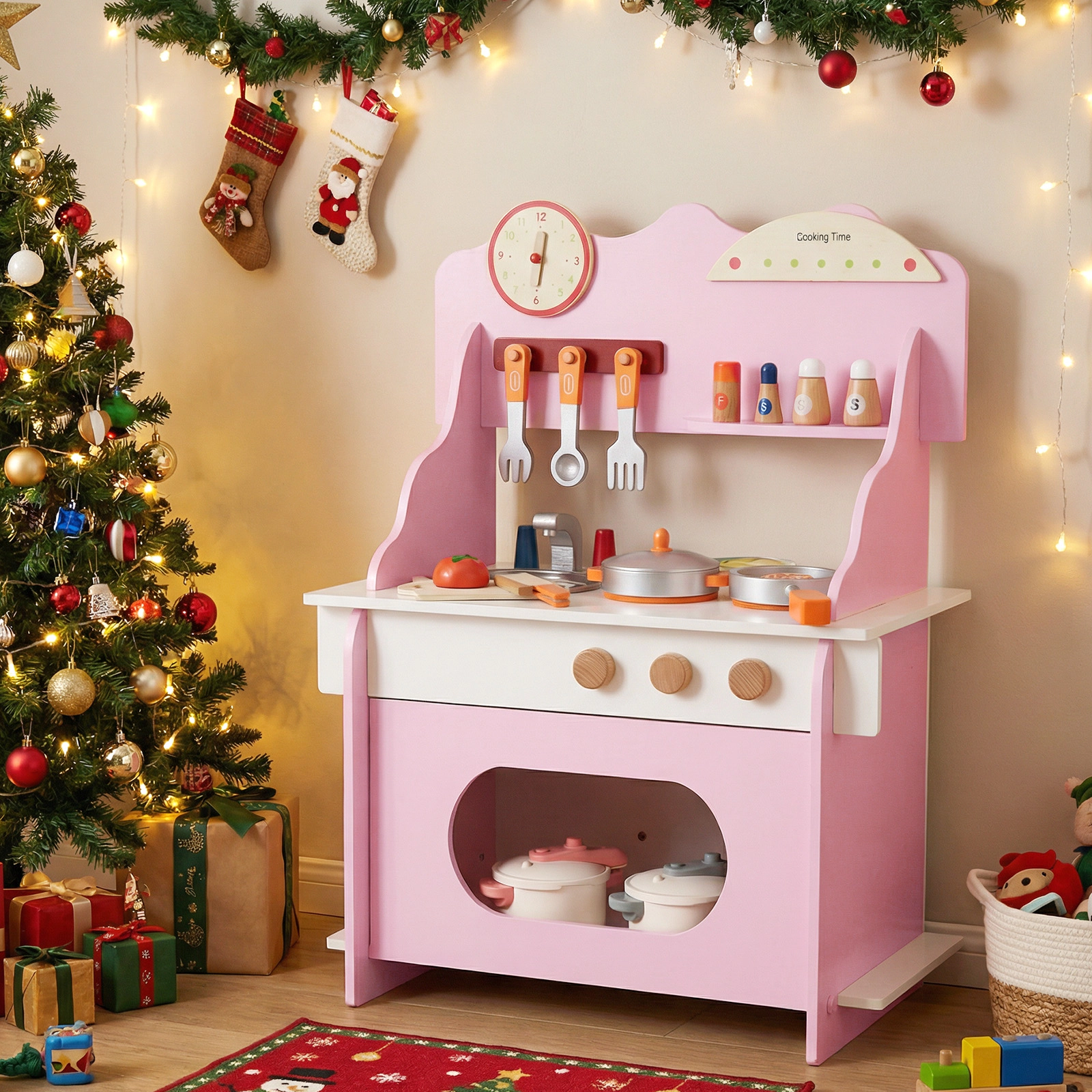 Pretend Play Toy Kitchen Set for Kids Clock Complete Accessory Kit Storage Shelves 20.5-in x 11.5-in x 28-in Pink