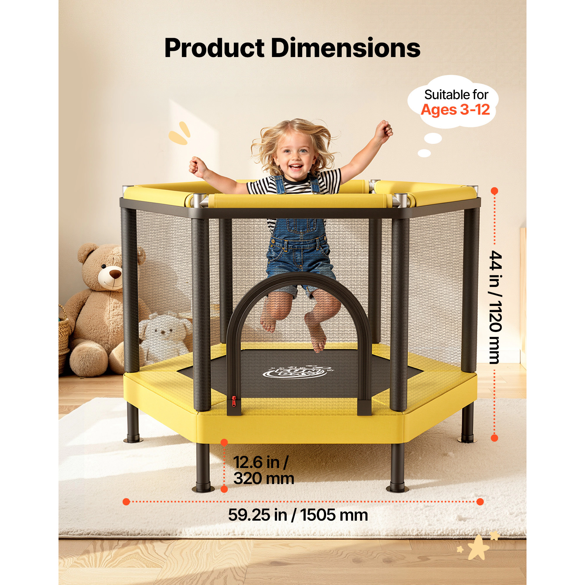 HONGGE Hexagonal Kids Trampoline with Safety Net & Basketball Hoop, ASTM Certified Toddler Trampoline, 132 lbs Capacity