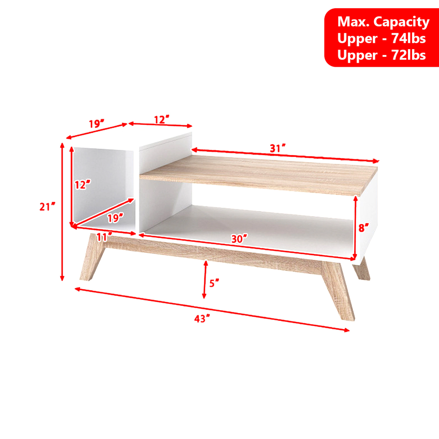 Hivvago Rectangular Coffee Table 43-Inch with Layered Top Design and Storage Sections