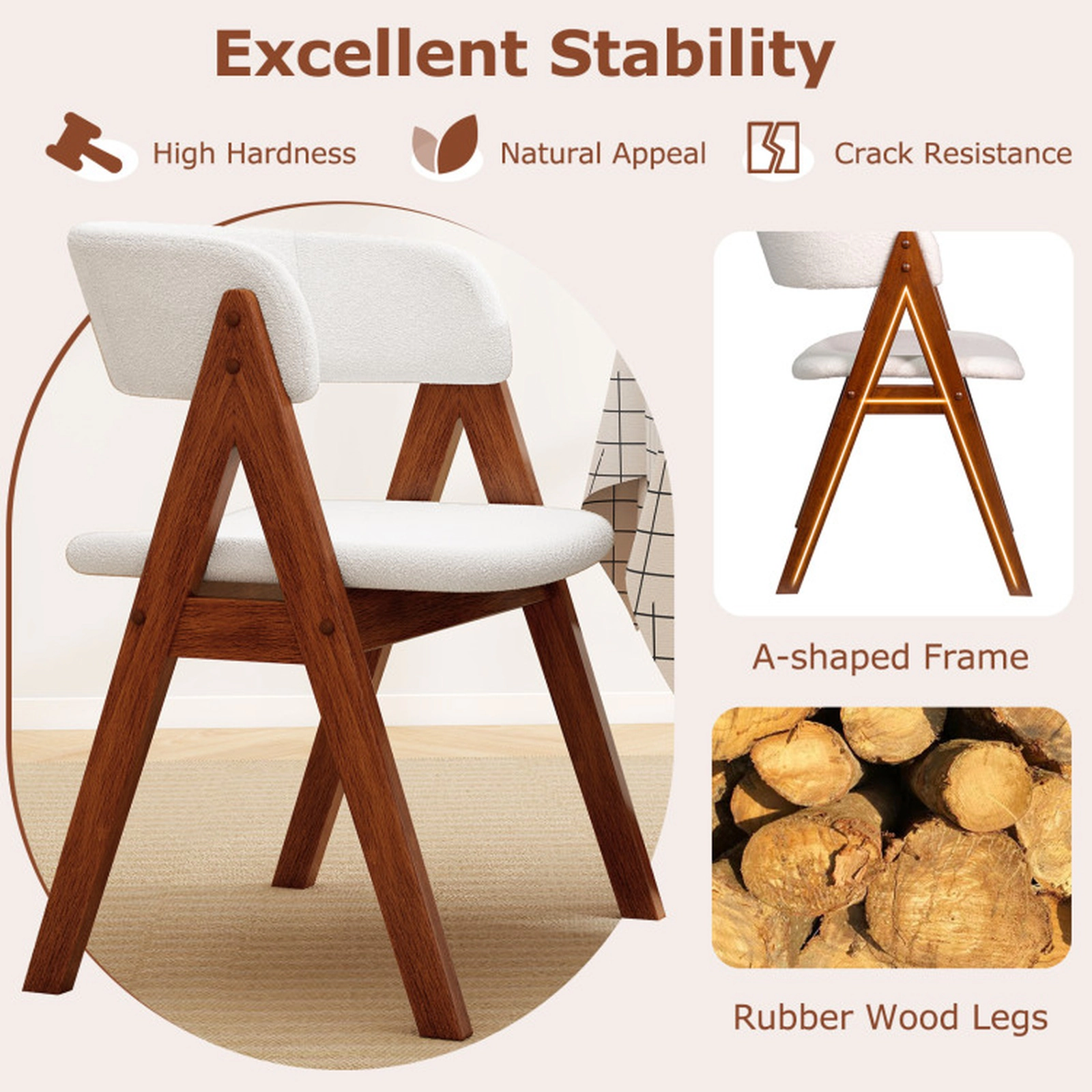 SUGIFT Walnut Wooden Mid Century Sherpa Upholstered Curved Arms Set of 4 Dining Chairs