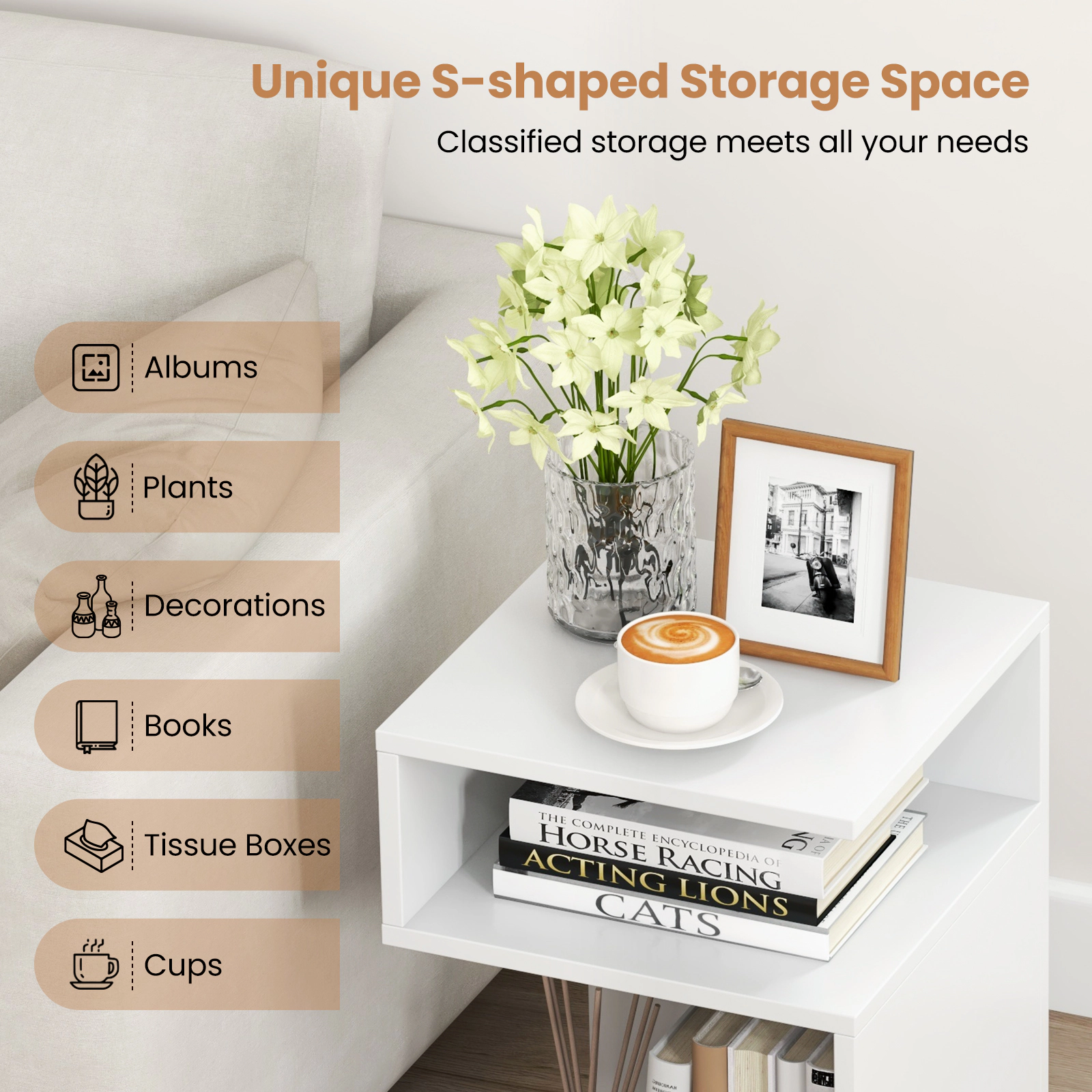 SUGIFT S-Shaped Engineered Wood Side Table with 2 Open Compartments 66-lb Tabletop Capacity White