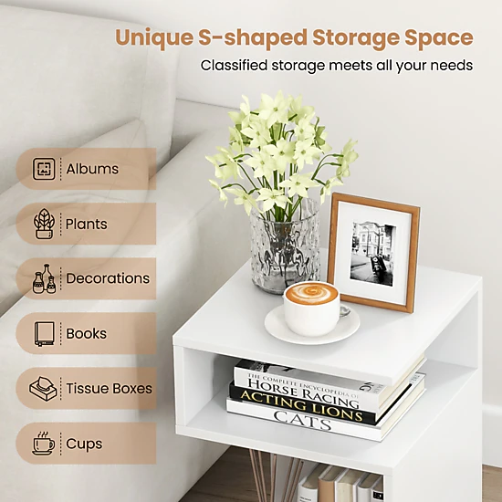 SUGIFT S-Shaped Engineered Wood Side Table with 2 Open Compartments 66-lb Tabletop Capacity White