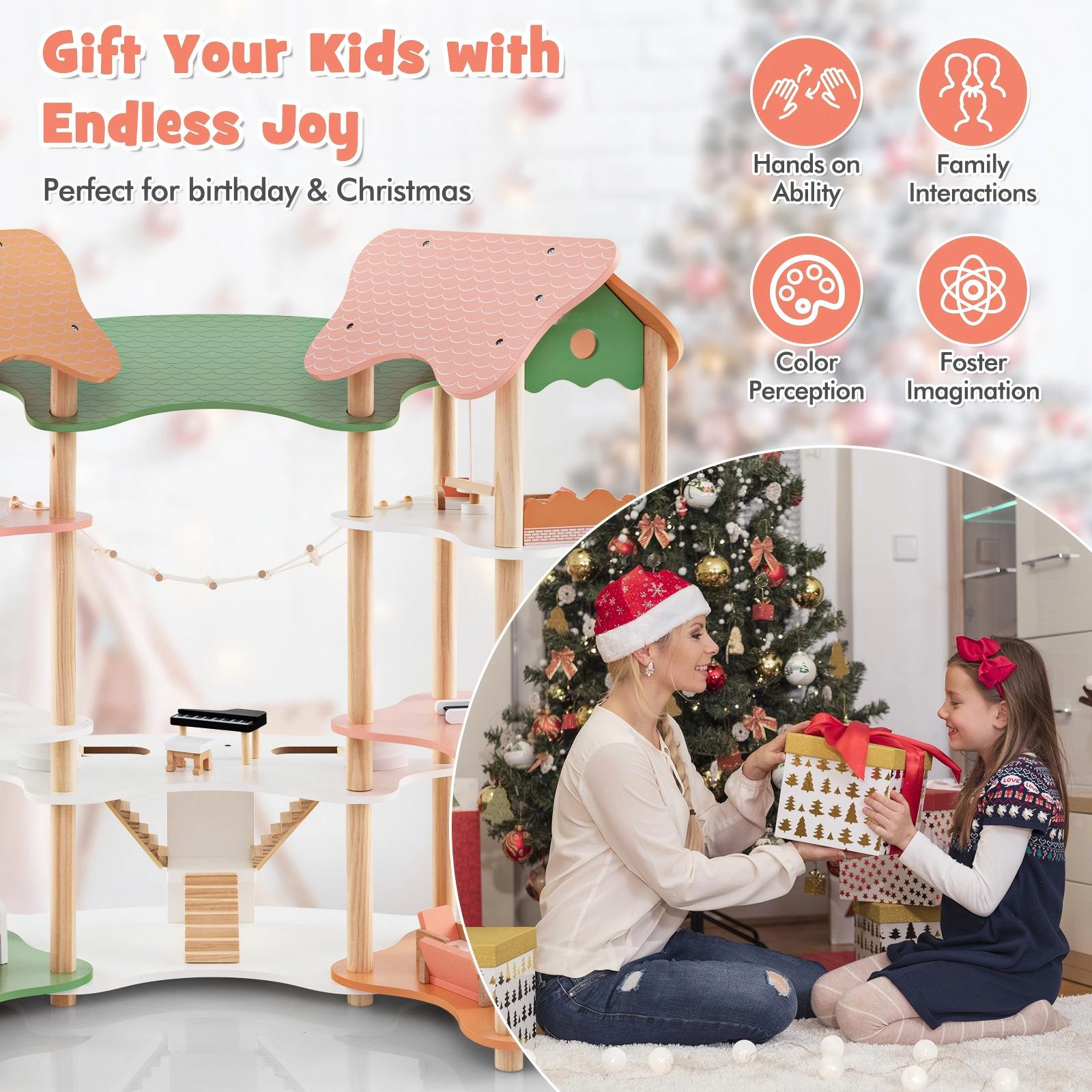 SUGIFT 3-Tier Wooden Dollhouse Playset with 31 Furniture Pieces for 3-6 in Dolls Ages 3-8 Pink+Green+Natural