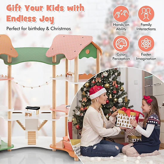 SUGIFT 3-Tier Wooden Dollhouse Playset with 31 Furniture Pieces for 3-6 in Dolls Ages 3-8 Pink+Green+Natural