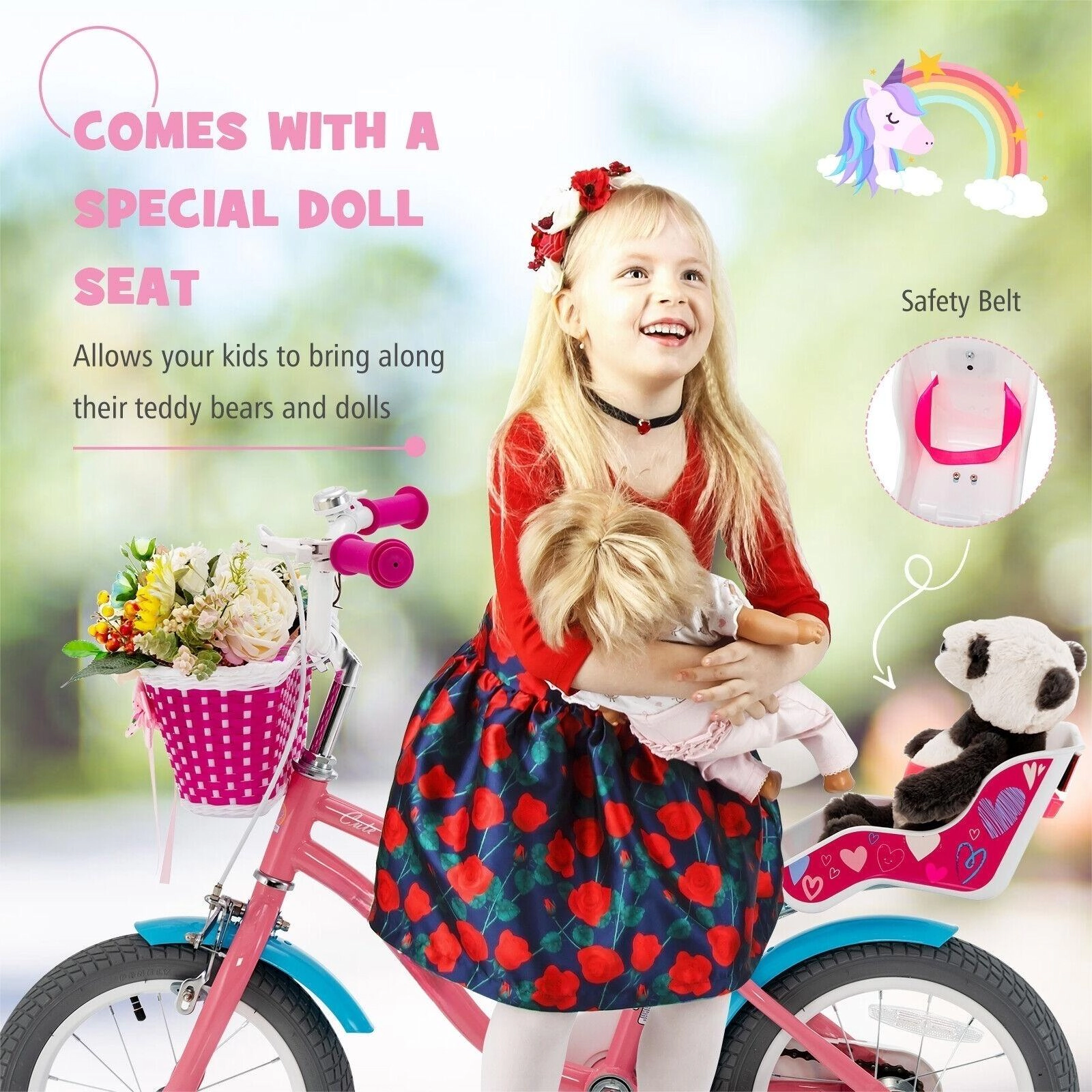 SUGIFT Kids Bicycle with Training Wheels Basket and Doll Seat 110-lb Capacity Ages 4-8 Pink 14-Inch Wheel