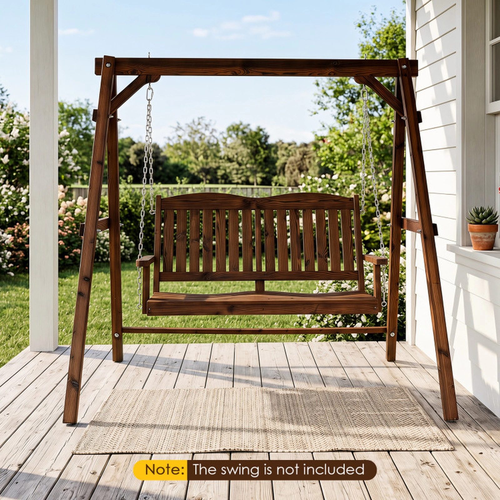 SUGIFT Heavy-Duty Fir Wood A-Frame Swing Stand with Reinforced Bars 880-lb Capacity with 2 Hanging Rings Brown