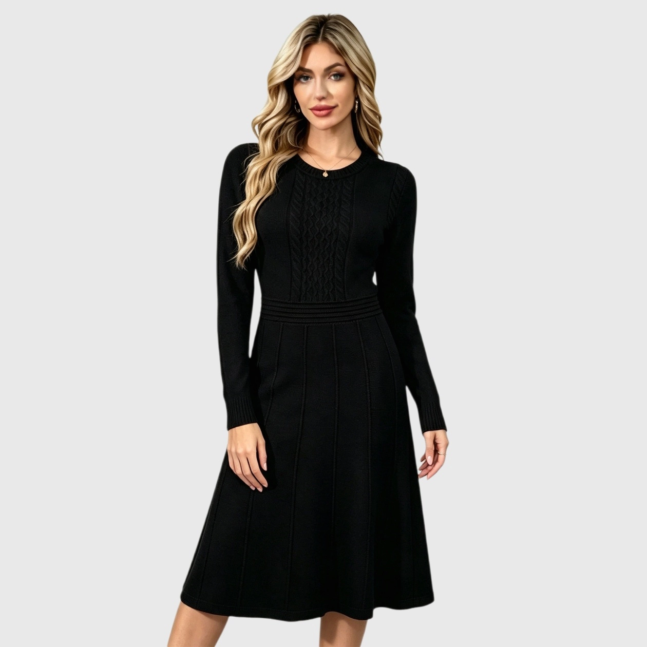 YesFashion Women's Casual Fall Long Sleeve Crew Neck Sweater Dress Cable Knit Midi Dresses