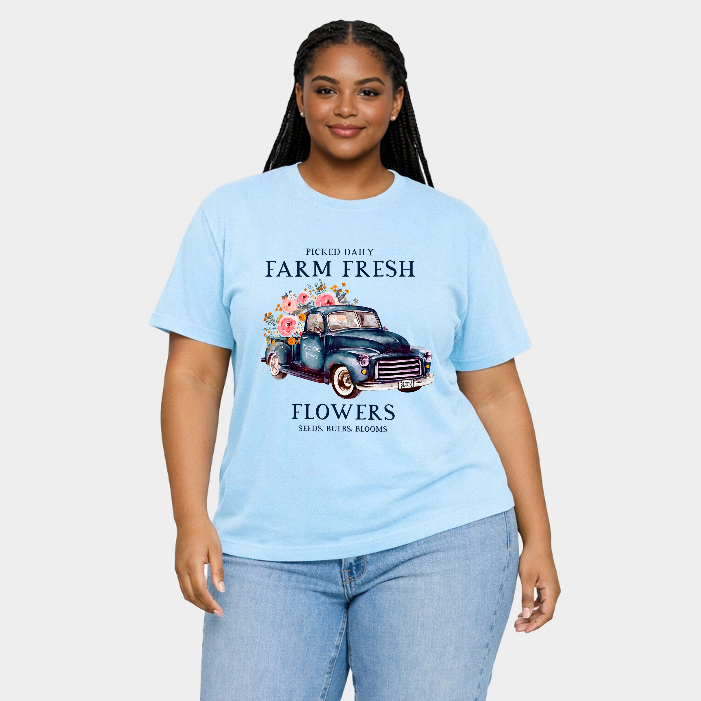 Simply Sage Market - Farm Fresh Flowers Truck Women's Plus Sized Garment Dyed Graphic T-Shirt