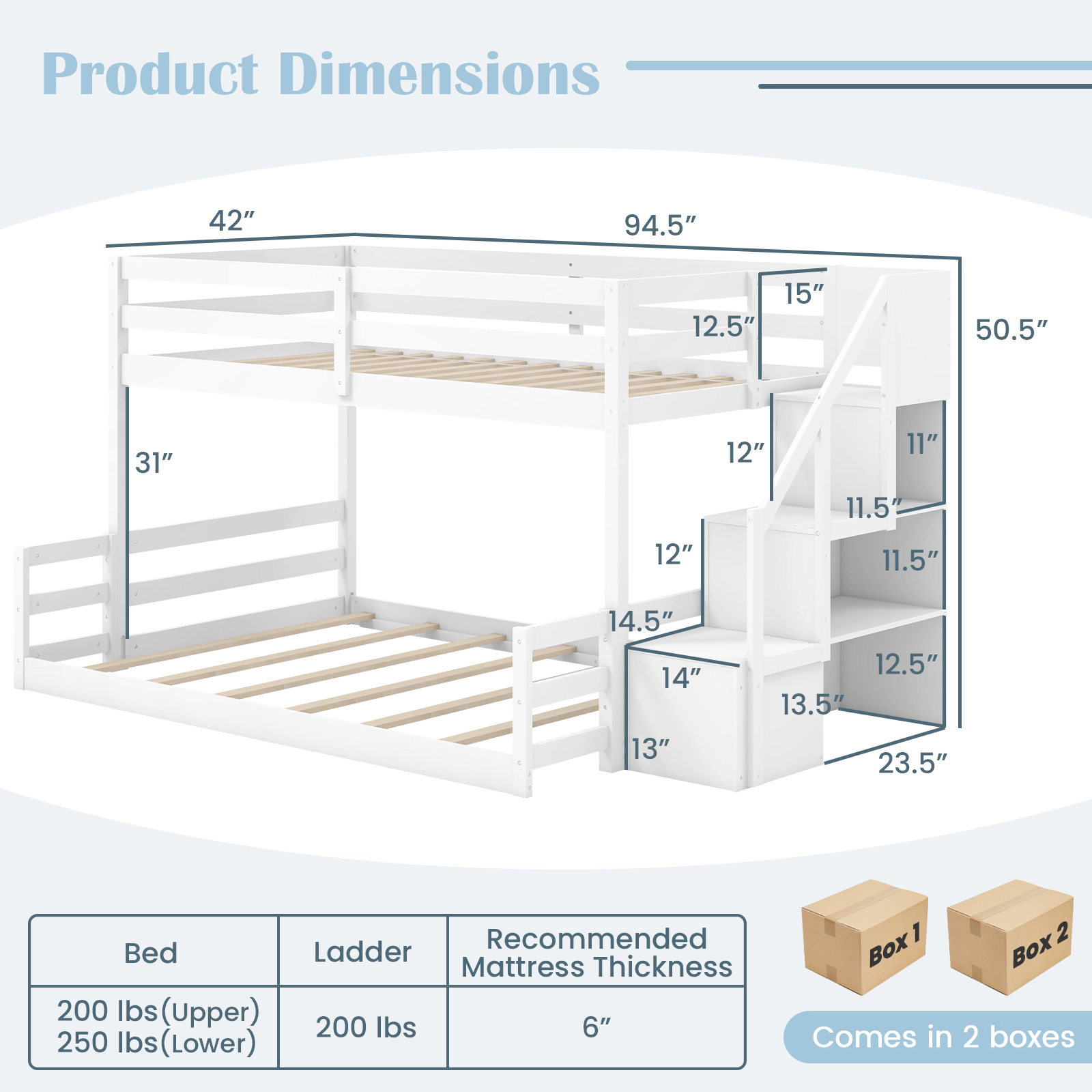 SUGIFT White Twin-over-Full Solid Wood Bunk Bed with Storage Stairs