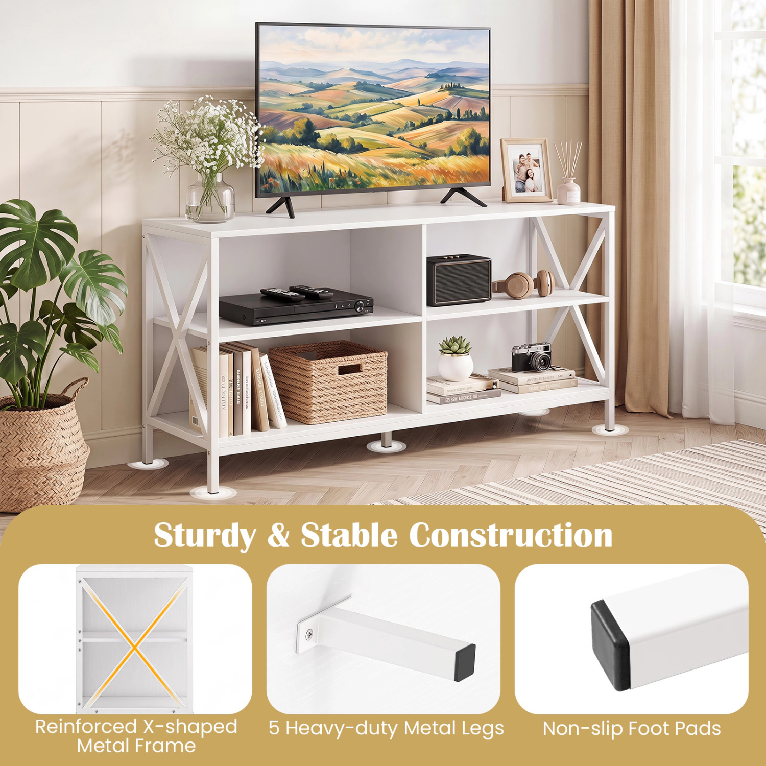 Hivvago Wooden Tv Stand Entertainment For Tvs Up To 55 Inch With X-Shaped Frame