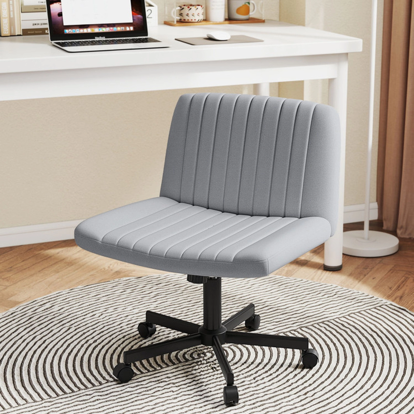 SUGIFT 350-lb Capacity Gray Armless Criss Cross Legged Swivel Desk Chair with Wheels and Wide Linen Seat