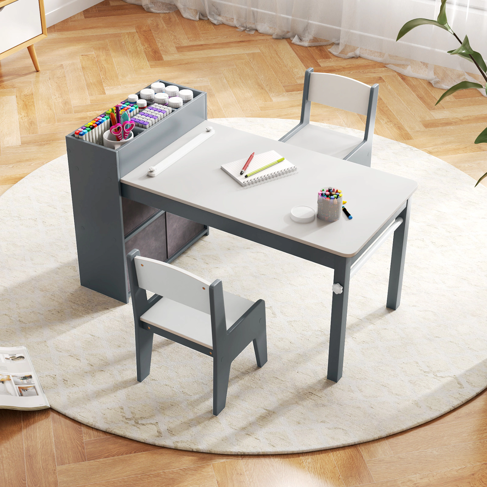 SUGIFT Gray Paper Roll 4 Storage Bins and Side Shelves Kids Art Table and 2 Chairs Set