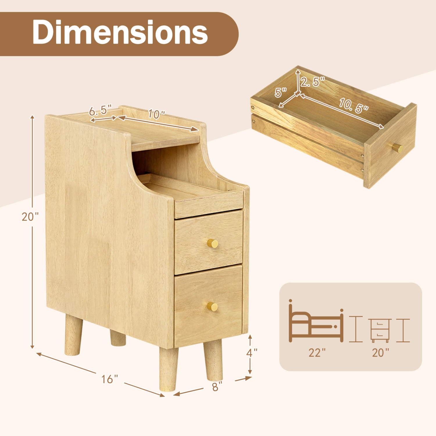 Hivvago Set Of 2 Solid Wood Night Side Table With Pull-Out Tray And Storage Drawers