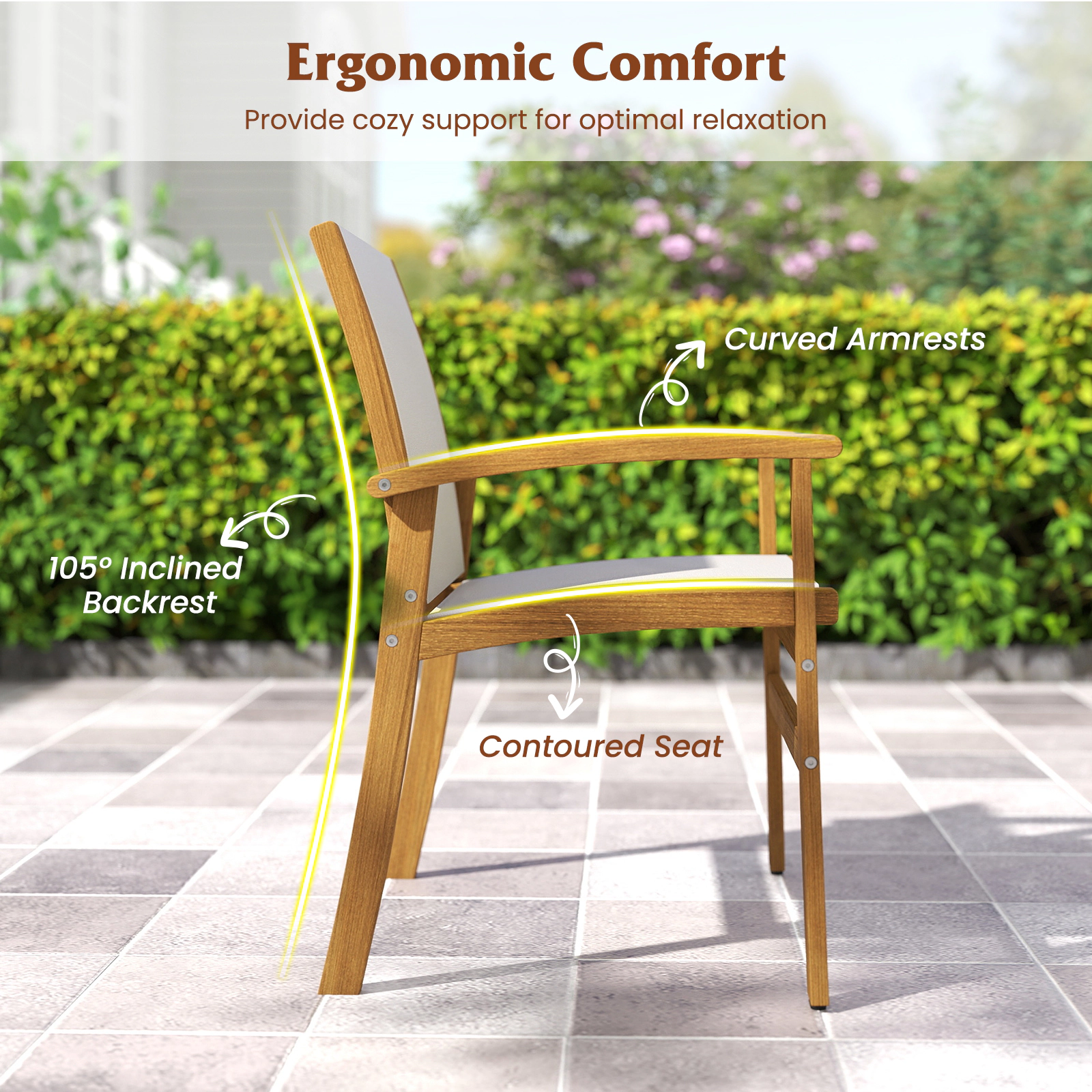 SUGIFT Set of 2 Acacia Wood Patio Dining Armchairs with Breathable Fabric Seat 400-lb Capacity Natural and Gray or Beige