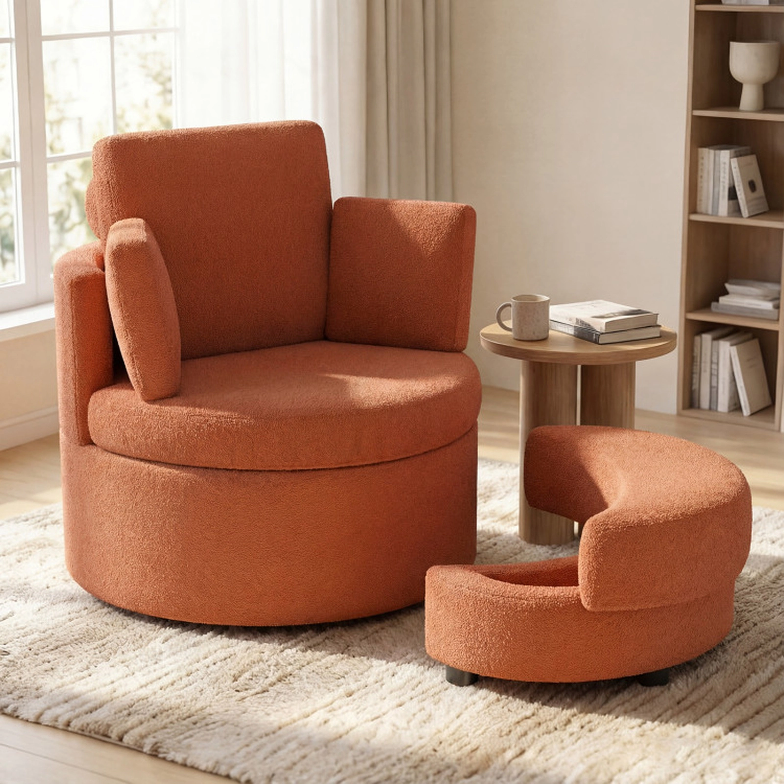 SUGIFT Teddy Fleece Swivel Barrel Chair with Half Moon Storage Ottoman, Terracotta