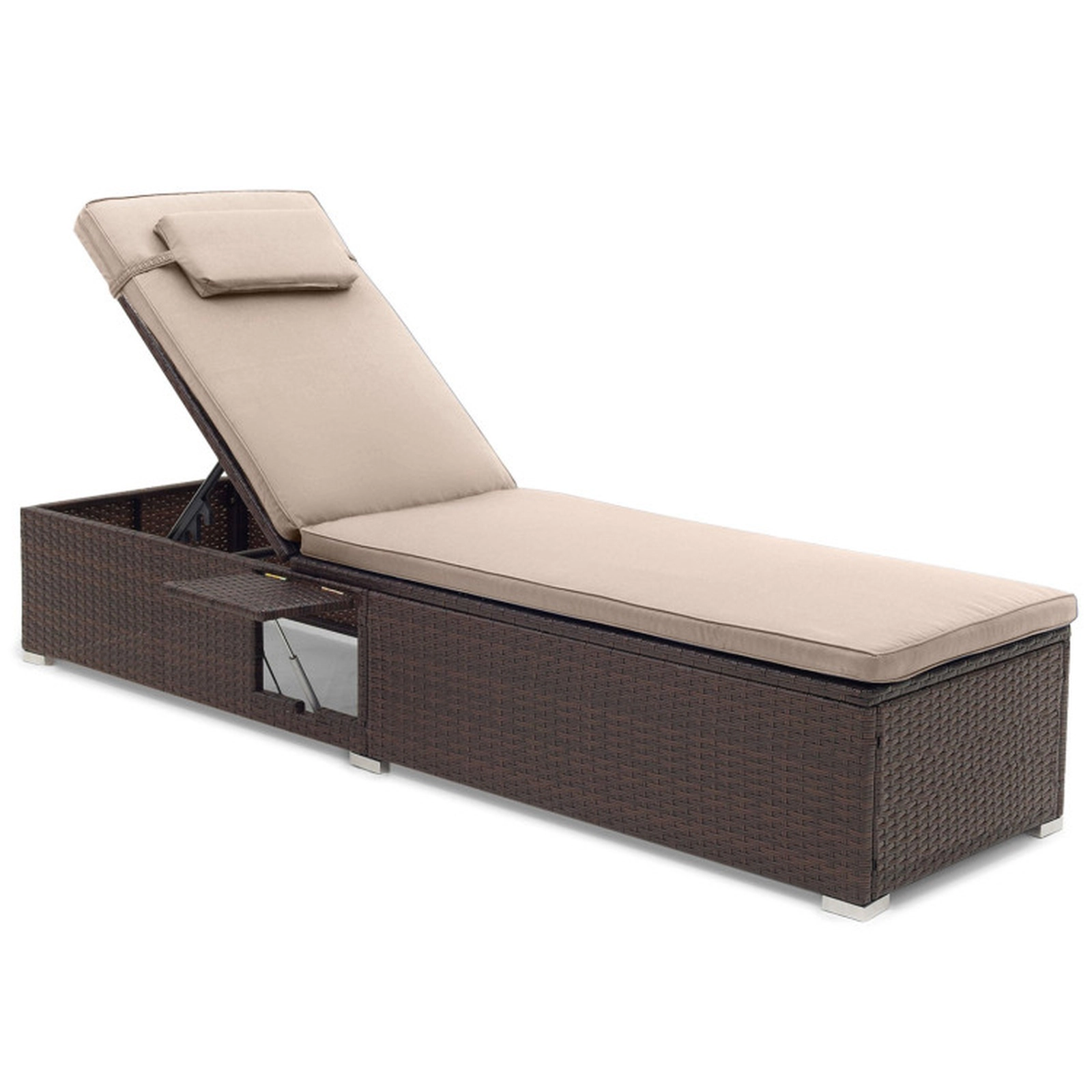 SUGIFT Outdoor PE Rattan Chaise Lounge with 6-Position Adjustable Backrest and Side Table 400-Lb Capacity Mix Brown