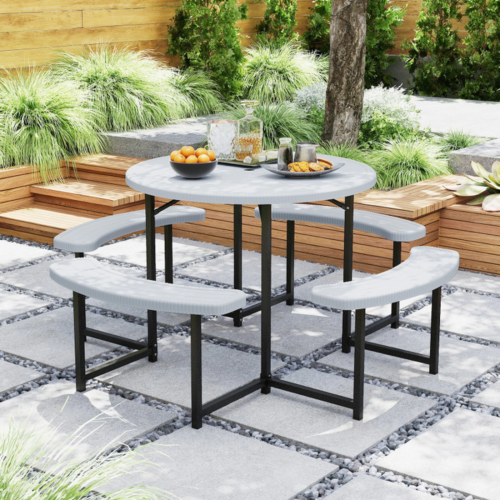 SUGIFT White Round Picnic Table with 4 Curved Benches and Umbrella Hole 37-in Dia 29-in H 200-lb Tabletop Capacity