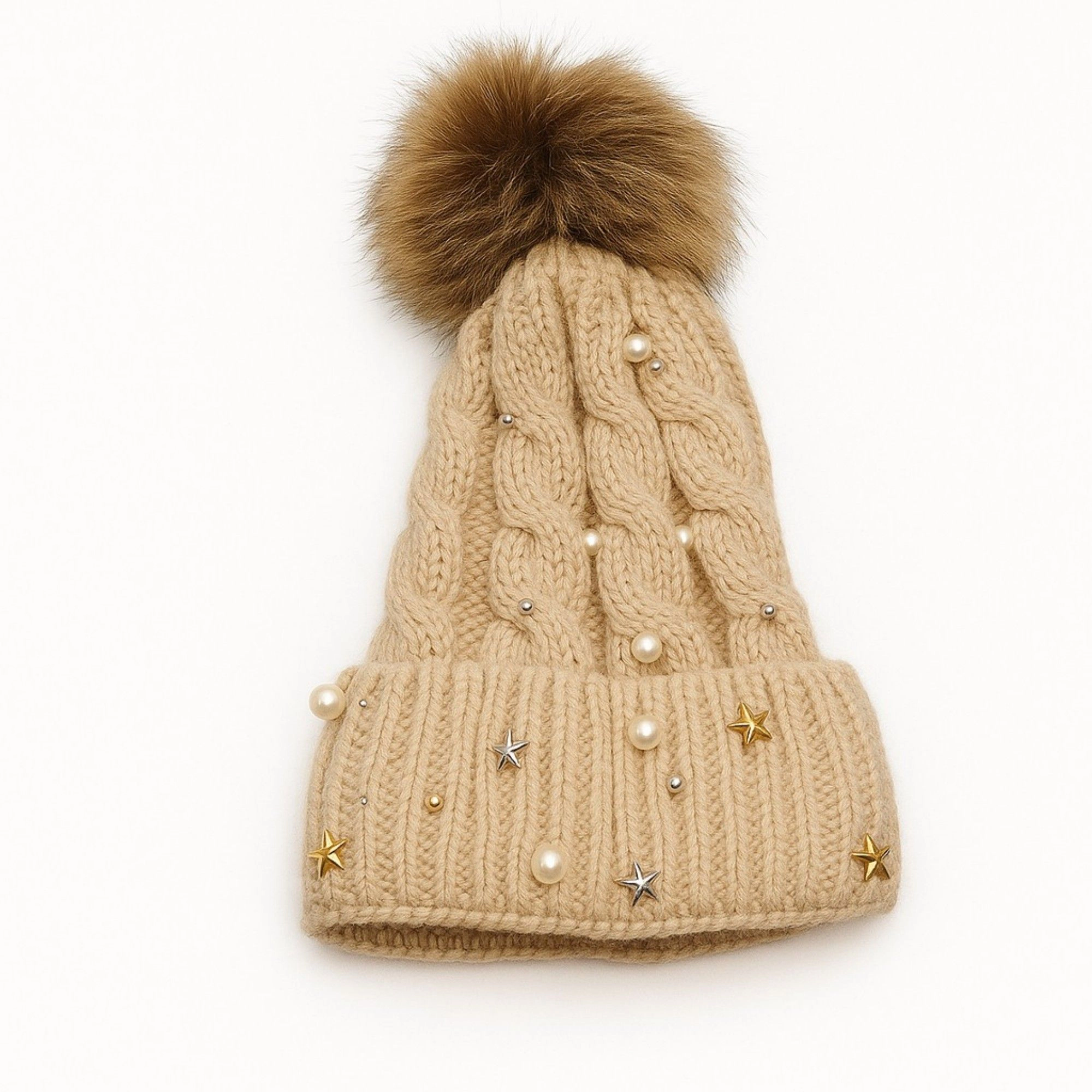 Anna-Kaci Women's Cable Knit Pearl Star Embellished Pom Winter Beanie Hat