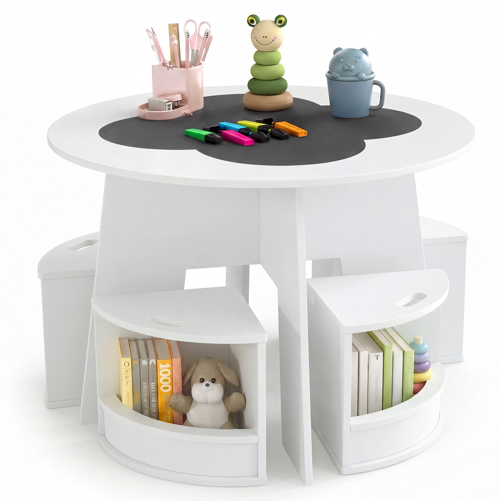 SUGIFT Space-Saving Kids Round Table and Chair Set 66-lb Tabletop Capacity Ages 3+ White