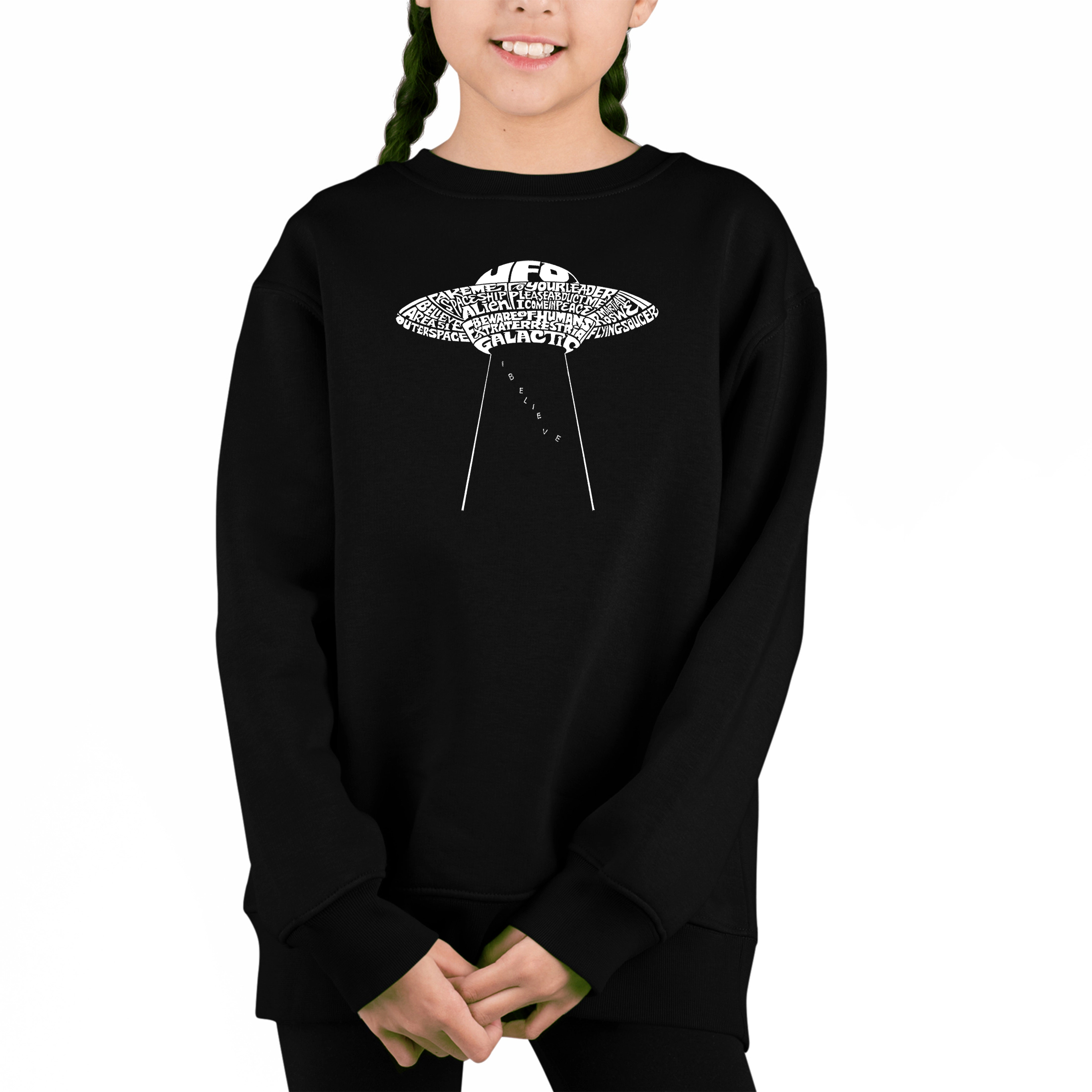 LA Pop Art Girl's Word Sweatshirt - Flying Saucer Ufo