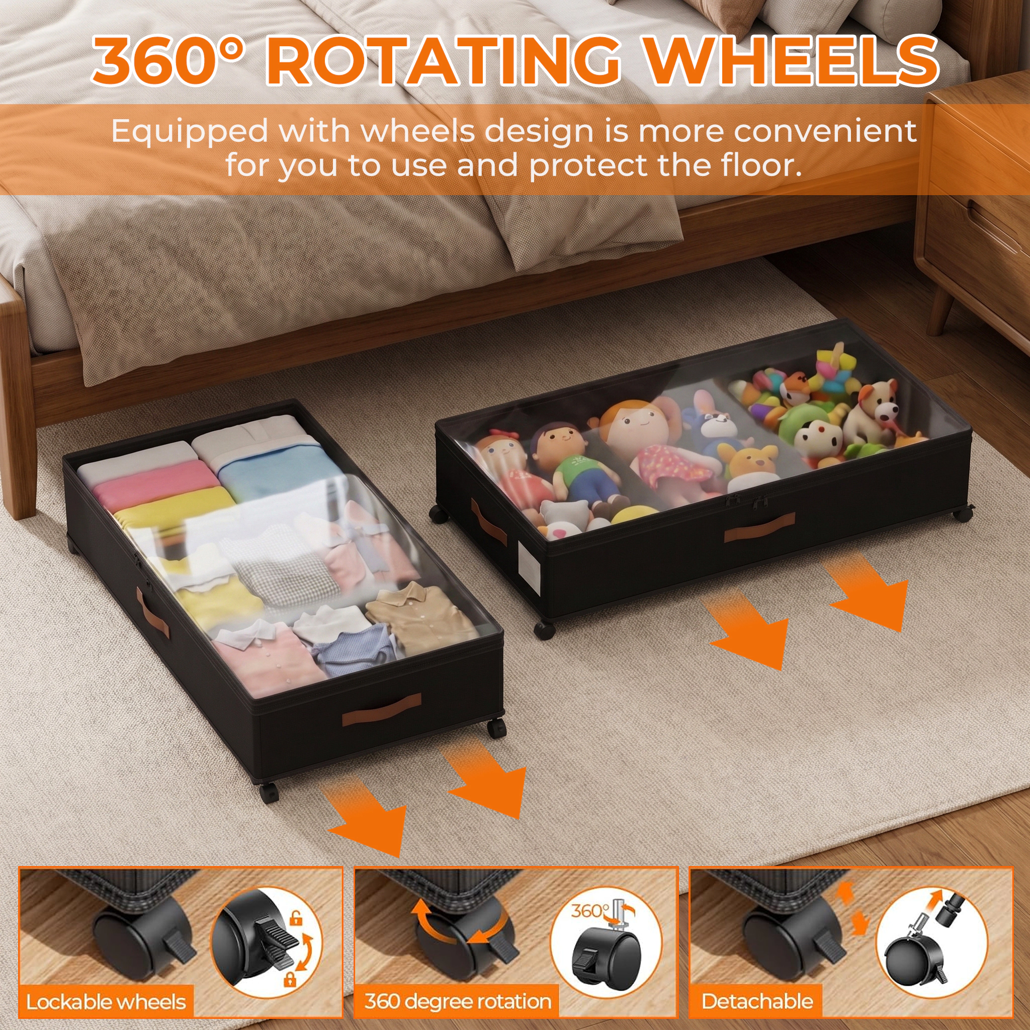 Mega Casa Underbed Storage Containers with Wheels, Fabric Under Bed Toy Organizer with Clear Lid, 2-Pack