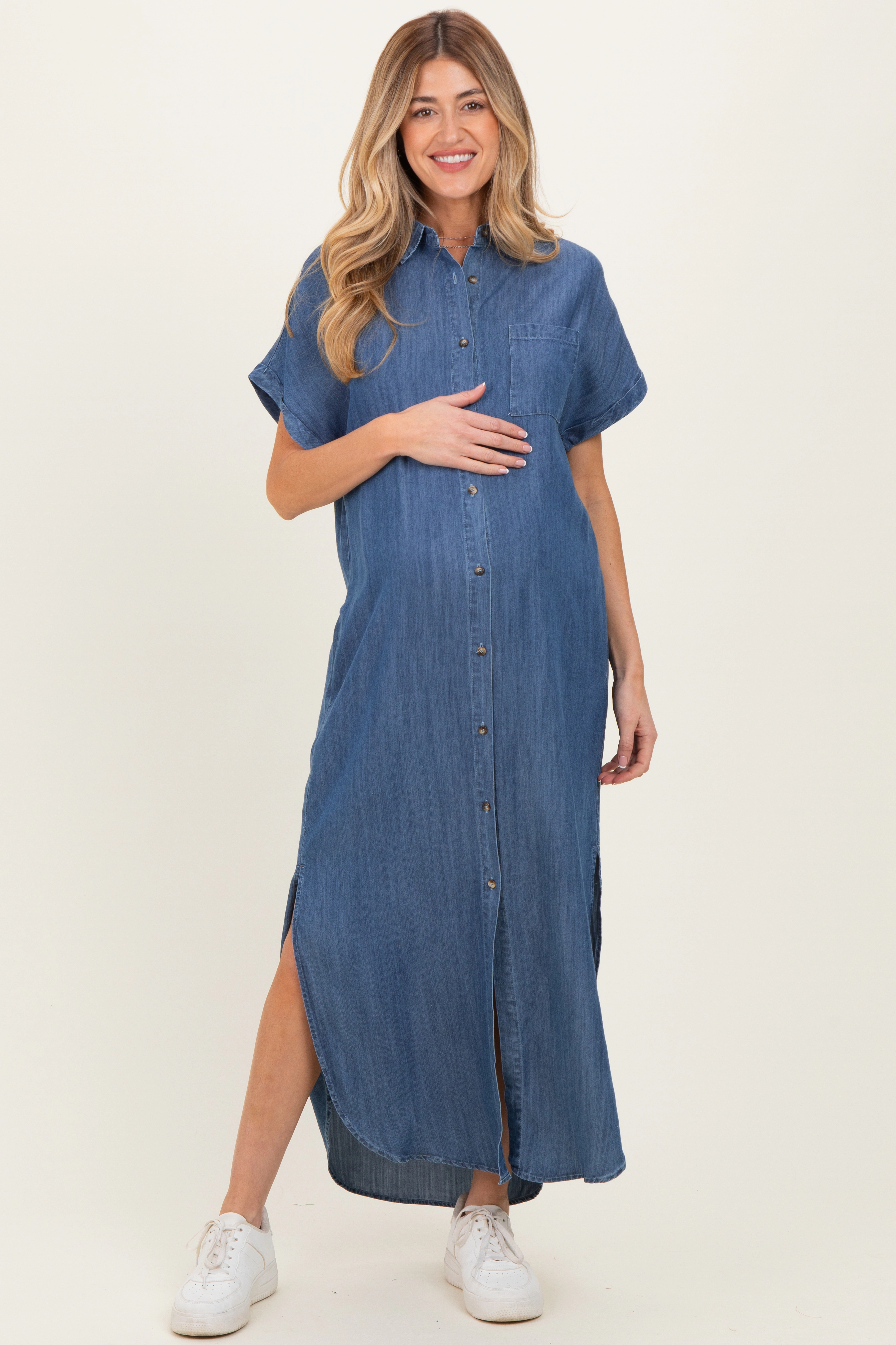 PinkBlush Womens Blue Chambray Button Down Maternity Shirt Dress