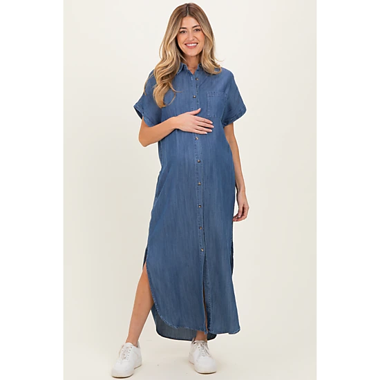 PinkBlush Womens Blue Chambray Button Down Maternity Shirt Dress