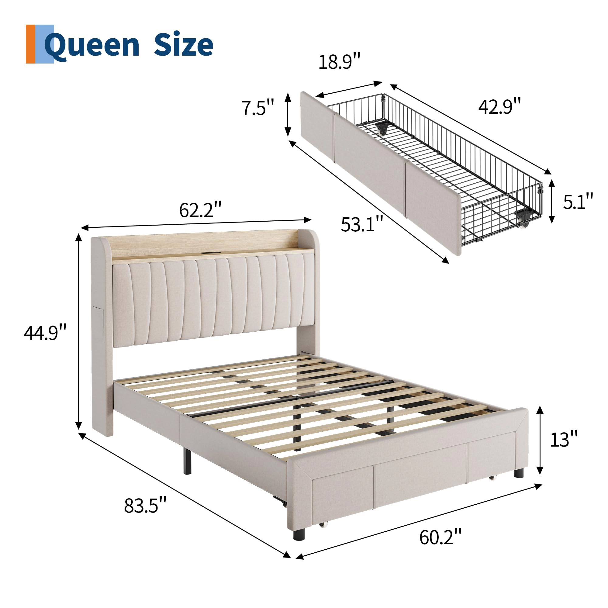 BebreezChic Upholstered Platform Bed Frame with Storage Headboard, Charging Station and Drawers