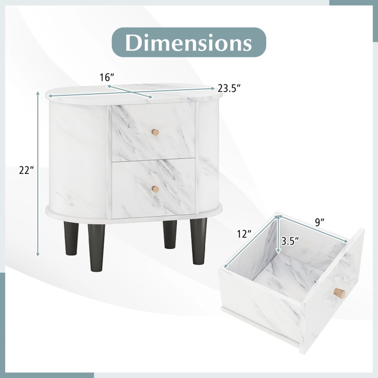SUGIFT Modern Faux Marble 2-Drawer Nightstand Bedside Table 44-lb Tabletop Capacity 23.5 x 16 x 22 in White