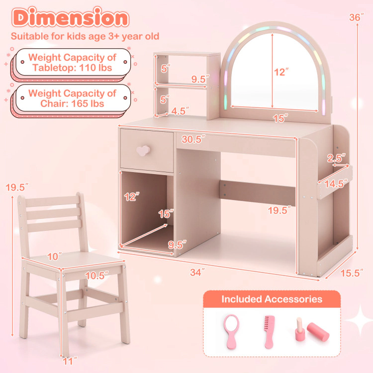 Hivvago Kids Vanity Table And Chair Set With Lighted Mirror For Aged 3+ Years Old