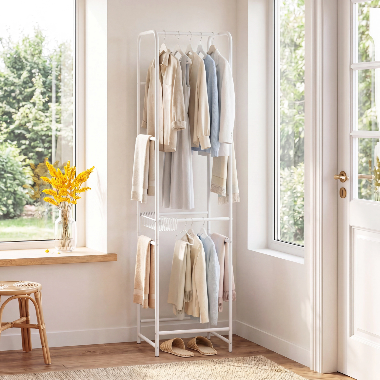 Glintex Slim Garment Organizer with 8 Rods and 10 Detachable Pants Hangers, White