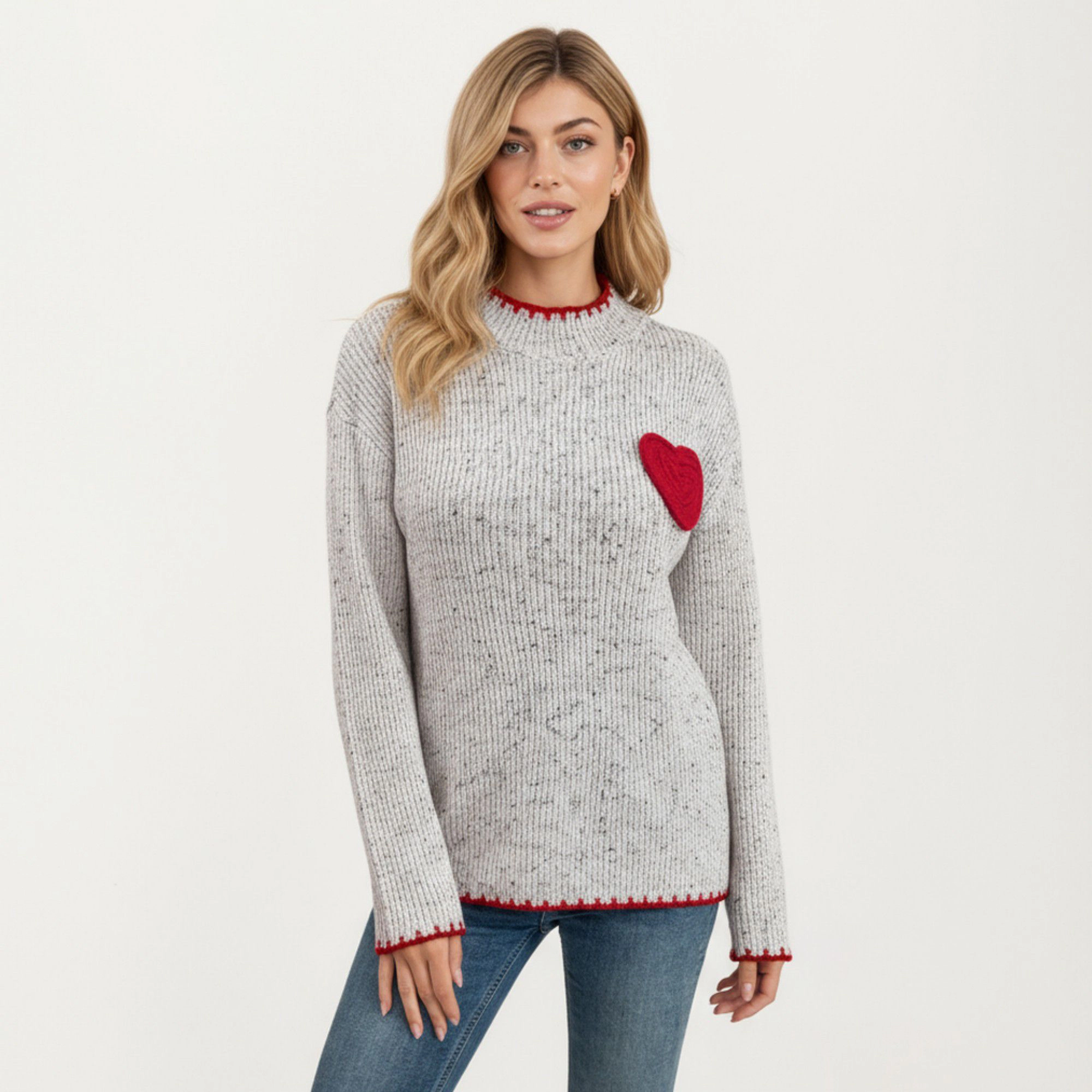Anna-Kaci Women's Ribbed Knit Sweater with Valentine Heart Patch Contrast Trim