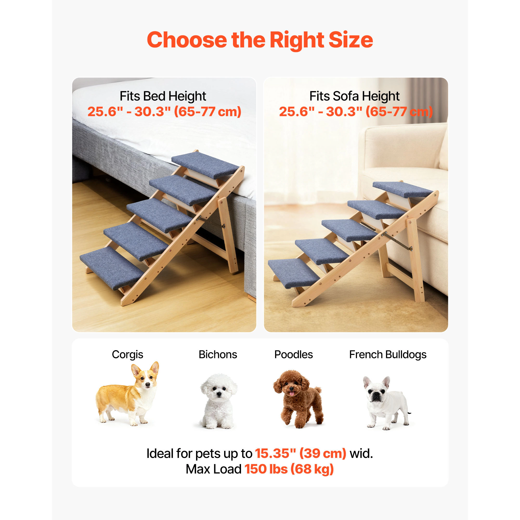 HONGGE 5-Step Foldable Wood Dog Stairs for Beds & Sofas, Gradual Climb, Supports Pets up to 150 lbs